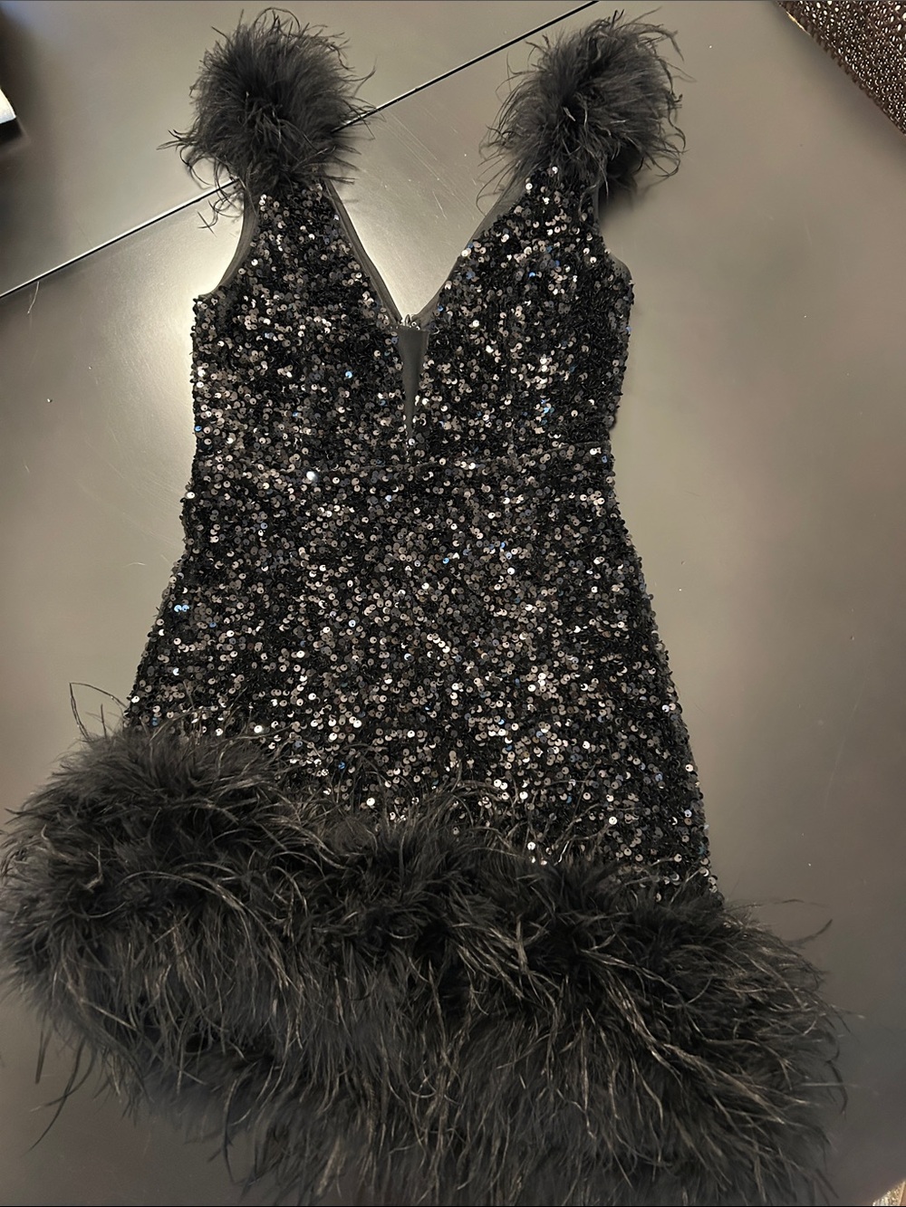 Black Sequin Feather-Trim Dress - Small